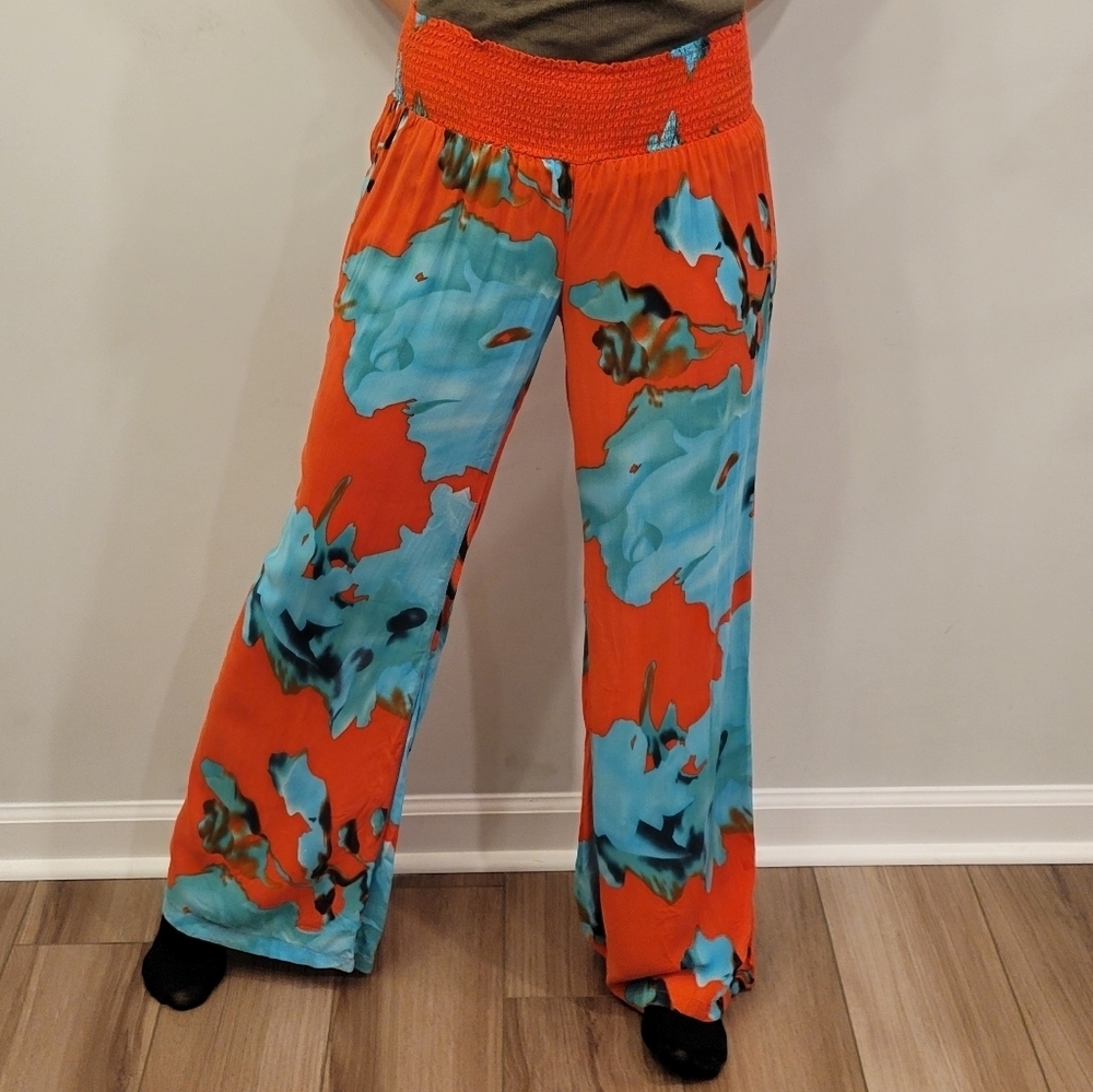 Wide leg smocked waist bright colored pants size small